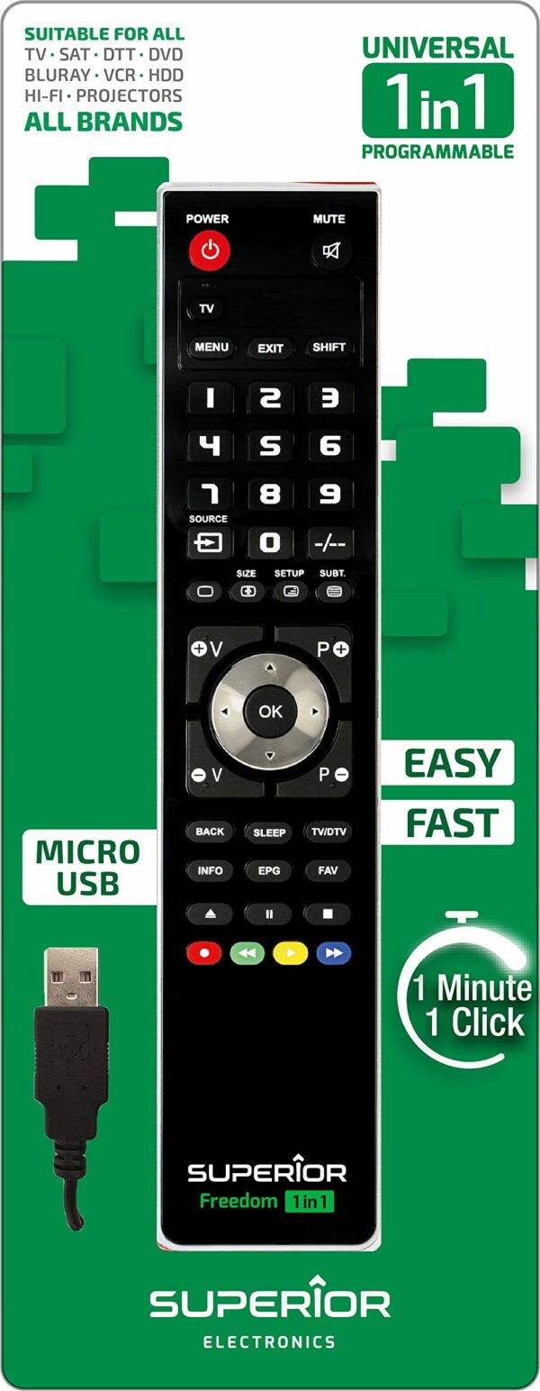 TELECOMANDA UNIVERSALA Superior, 1 in 1, programabila simultan pt. TV, DVD, satelit si AUX, conectare PC prin USB, cablu inclus, baterii 2 x AAA (neincluse), negru „SUPTUB001” (timbru verde 0.18 lei)