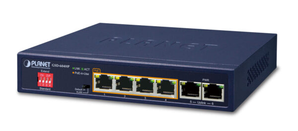 SWITCH. PoE Planet 4-Port 10/100/1000T 802.3at POE + 2-Port 10/100/1000T Desktop Switch (55W POE Budget, Externa „GSD-604HP” (timbru verde 2 lei)