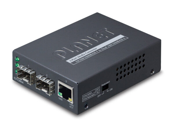 SWITCH Planet 1-Port 10/100/1000Base-T – 2-Port Gigabit SFP Switch/Redundant Media Converter „GT-1205A” (timbru verde 2 lei)