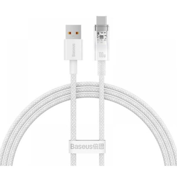 CABLU alimentare si date Baseus Explorer, Fast Charging Data Cable pt. smartphone, USB la USB Type-C 100W, senzor de temperatura, braided, 1m, alb „CATS010402” (timbru verde 0.08 lei) – 6932172629144