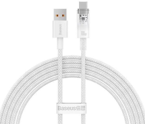 CABLU alimentare si date Baseus Explorer, Fast Charging Data Cable pt. smartphone, USB la USB Type-C 100W, senzor de temperatura, braided, 2m, alb „CATS010502” (timbru verde 0.08 lei) – 6932172629182