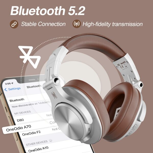 Casca OneOdio wireless, cu fir, tip over ear, utilizare multimedia, DJ, conectare prin Bluetooth 5.2 | Jack 3.5 mm | Jack 6.35 mm, difuzor 40 mm, impedanta 32 Ohm, acumulator 650 mAh, argintiu, „Fusion-A70-Silver” (timbru verde 0.8lei)