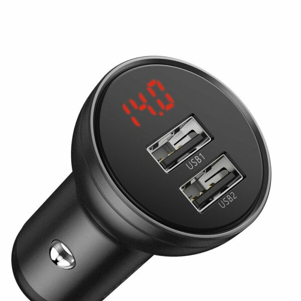 INCARCATOR auto Baseus Digital Display, Quick Charge 24W, 2 x USB 5V/4.8A, contine cablu 3 in 1: USB la USB Type-C, microUSB si Lightning de 1.2m, gri „TZCCBX-0G” (timbru verde 0.8 lei) – 6953156215405
