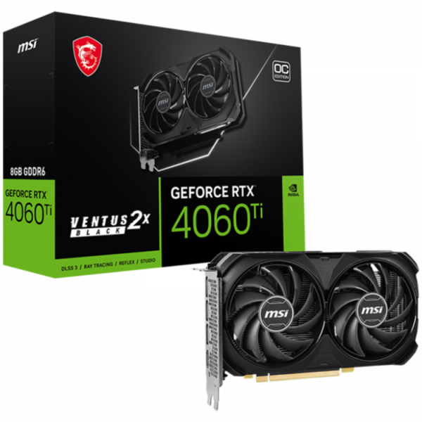 PLACI VIDEO MSI Video Card Nvidia GeForce RTX 4060 Ti VENTUS 2X BLACK 8G OC, 8GB GDDR6,128bit, Effective Memory Clock: 18000MHz, Boost: 2580 MHz, HDMI 2.1a, RAY TRACING, Dual Fan, 1x 8pin, 550W Recommended PSU, 3Y „RTX_4060_TI_VENTUS_2X_BLACK_8G_OC”