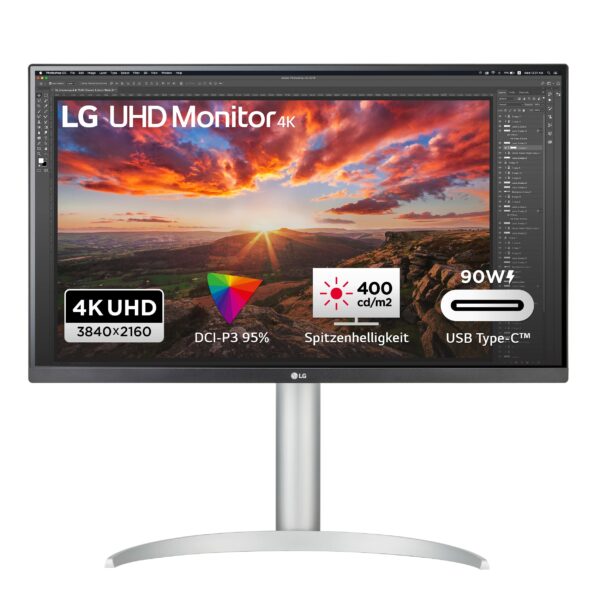 MONITOARE LG 27 inch,IPS, 3840 x 2160, 16:9, 60Hz, 5 ms, 400 cd/m2, 1000:1,178o(R/L), 178o(U/D), 5W x 2 speakers, 2x HDMI, 1x DisplayPort 1.4, 1x USB-C 96W, 2x USB 3.0,Jack 3.5mm, VESA: 100 x 100, AMD FreeSyncTM „27UP85NP-W.AEU” (timbru verde 7