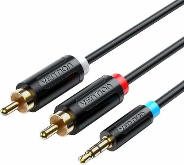 Cablu audio Vention, Jack 3.5mm (T) la 2 x RCA (T), 1m, conectori auriti, PVC, negru, „BCLBF” (timbru verde 0.18 lei) – 6922794751309
