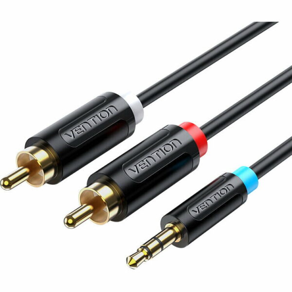 Cablu audio Vention, Jack 3.5mm (T) la 2 x RCA (T), 2m, conectori auriti, PVC, negru, „BCLBH” (timbru verde 0.18 lei) – 6922794751323