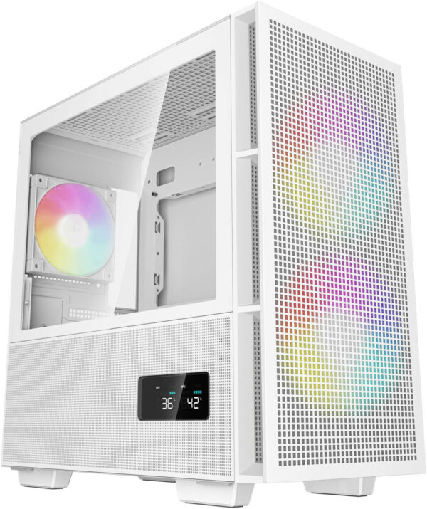 CARCASA DeepCool „CH360 DIGITAL WH”, Mini Tower, ATX, fara sursa, 3xfan, USB 3.2 gen 1 x 1, USB 2.0 x 2, audio, PSU shroud, 4 sloturi expansiune, iluminare ARGB, alb, „R-CH360-WHAPE3D-G-1” (timbru verde 0.24lei)