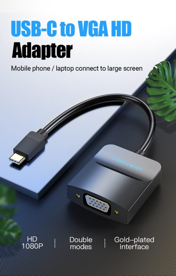 Convertor video Vention, USB Type-C(T) la VGA (M), 0.15m, rezolutie maxima 1080p la 60 Hz, conectori auriti, cupru, invelis PVC, negru, „TDDBB” (timbru verde 0.18lei) – 6922794746114