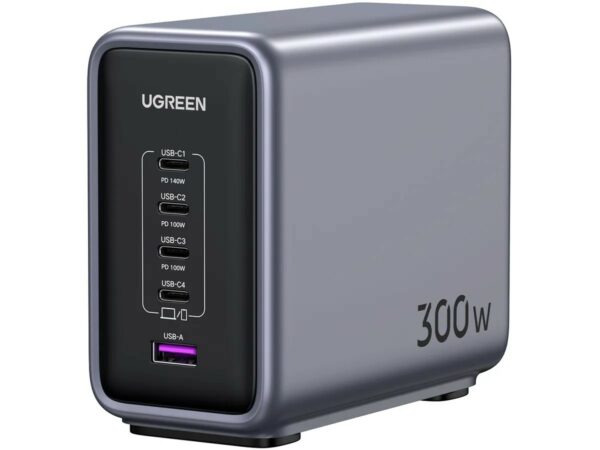 INCARCATOR RETEA UGREEN, „CD333” 300W GaN Nexode Desktop Charger PD3.1, 4 x USB Type-C, 1 x USB, lungime cablu 2m, gri „90903B”