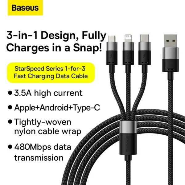 CABLU alimentare si date Baseus StarSpeed 1-for-3, pt. smartphone, USB la Micro-USB + Lightning Iphone + USB Type-C, 1.2m, negru „CAXS000001” (timbru verde 0.18 lei) – 6932172622268