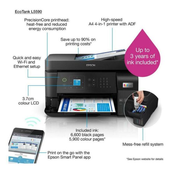 Multifunctional Inkjet CISS Color Epson L5590, A4, Functii: Impr.|Scan.|Cop.|Fax, Viteza de Printare Monocrom: 33ppm, Viteza de printare color: 15ppm, Conectivitate:USB|Retea|Wi-Fi, Duplex:, ADF:Da(Timbru Verde 23lei) „C11CK57403”