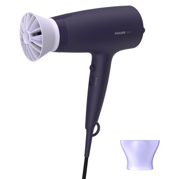 Uscator de par BHD340/10, 2100W, accesoriu Thermo Protect, ionizare, 3 setari de viteza/temperatura, cap de coafare 14 mm, difuzor, Negru/Lila „BHD340/10” (timbru verde 2 lei)