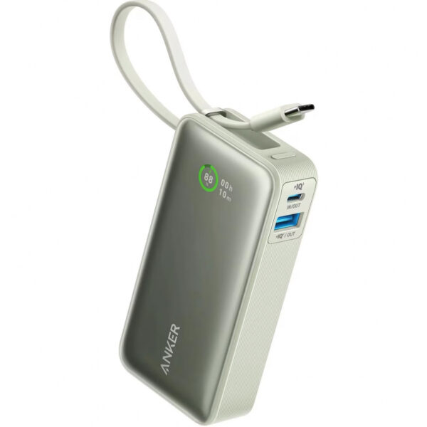 POWER BANK Anker „Nano” 10.000 mAh, 30W PD si Power IQ 3.0, 1 x USB, 1 x USB-C, cablu USB-C, incarcare bidirectionala, 213 g, verde, „A1259G61” (timbru verde 0.98 lei) – 0194644179373