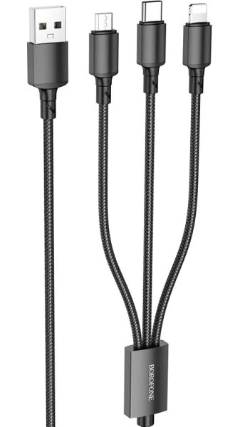 CABLU alimentare Borofone „BX72”, pt smartphone,USB la Micro-USB+Lightning + USB Type-C 2A, 1m, brodat, negru „6974443384666” (timbru verde 0.18 lei)