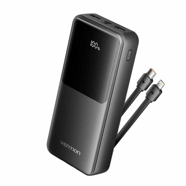 POWER BANK Vention 20.000 mAh, 22.5W cablu USB-C si Lightining atasate, 2 x USB-A, 1 x USB-C, micro USB, afisaj LED, 315g, negru, „FHPB0” (timbru verde 0.98 lei) – 6922794784659