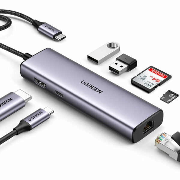 DOCKING Station Ugreen, „CM512” conectare PC USB Type-C, USB 3.0 x 2| RJ-45 Gigabit x 1|HDMI 4K x 1 la 30Hz|USB-C x 1 PD 100W, aluminiu, gri „90568” (timbru verde 0.8 lei) – 6957303895687