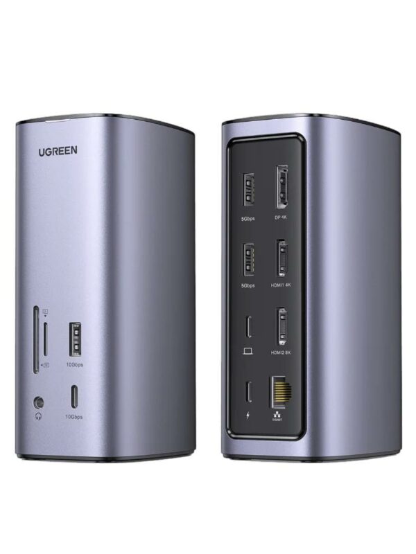 DOCKING Station Ugreen, „CM555” conectare PC USB Type-C, 1 x jack 3.5mm, SD/microSD Card Slot, 1 x DP Port 4K@60Hz, 1 x RJ-45 Gigabyte, 2 x HDMI 4K, 1 x USB Type-C PD 100W, 2 xxxx USB-A 3.2 Gen 1, aluminiu, gri „90325” (timbru verde 0.8 lei) – 69573038