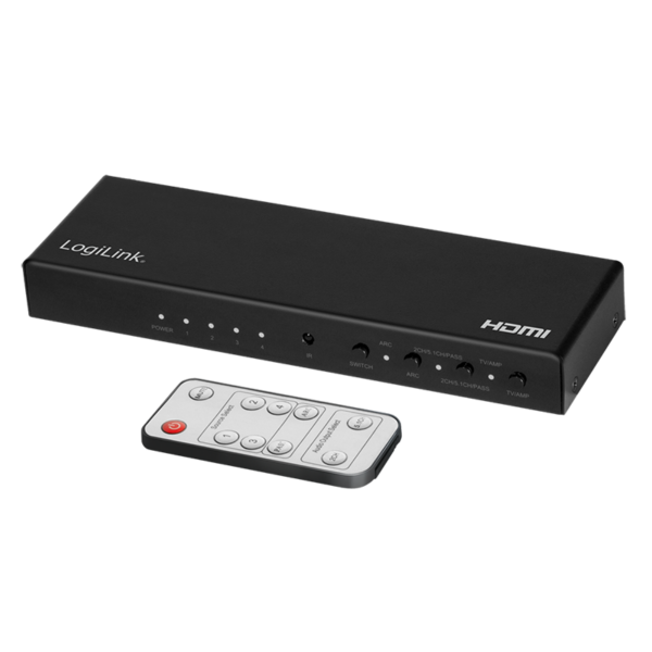 SWITCH video LOGILINK, 4 x 1 port, Input: HDMI (M) x 4, Output: HDMI (M) 2.0 x 1, Coaxial x 1, Toslink x 1, rezolutie maxima 4K (3840 x 2160) la 60 Hz, HDCP 2.2, audio, negru, „HD0046” (timbru verde 0.8 lei)