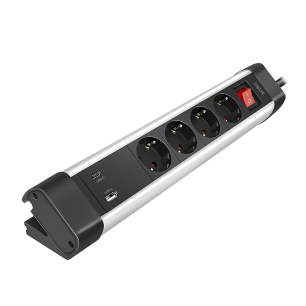 PRELUNGITOR LOGILINK, Schuko x 4, conectare prin Schuko (T), ON/OFF, 16 A, 1xUSB-A, 1xUSB-C, cablu 1.5m, protectie IP20, negru-argintiu, „LPS278U” (timbru verde 0.8 lei)