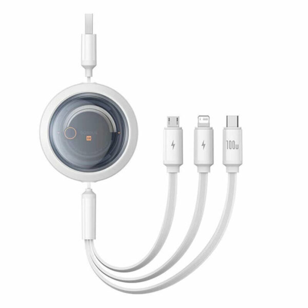 CABLU alimentare si date Baseus Free2Draw, Fast Charging Data Cable pt. smartphone, retractabil, USB la Micro-USB+Lightning + USB Type-C 100W, 1.1m, alb „P10368700211-02” (timbru verde 0.08 lei) – 6932172656409