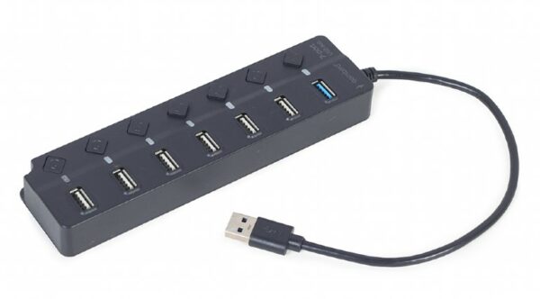 HUB extern GEMBIRD, porturi USB: USB-A 2.0 x 6, USB-A 3.1 x 1, conectare prin USB-A 3.1, cablu 0.50 m, negru, „UHB-U3P1U2P6P-01” (timbru verde 0.18 lei)