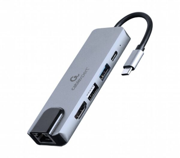 DOCKING Station Gembird universal, 5-in-1, conectare PC USB Type C, USB-C x 1, USB-A 3.1 x 1, USB-A 2.0 x 1, porturi video HDMI x 1, PD 87 W, RJ45 x 1, argintiu, „A-CM-COMBO5-04” (timbru verde 0.18 lei)