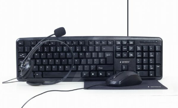 KIT wired GEMBIRD, 4-in1 desktop, tastatura 104 taste + mouse optic 1000dpi 3 butoane rotita scroll + casti cu mic + pad 220x180mm, black „KBS-UO4-01” (timbru verde 0.8 lei)