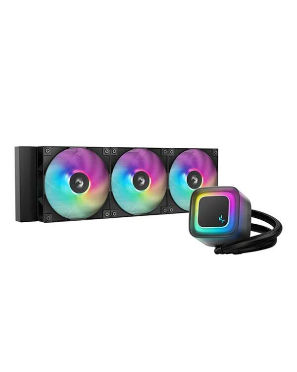 COOLER DeepCool „LE360 V2”, skt. LGA1851, LGA 1700, AM4, AM5, racire cu lichid, 3 x 120mm, 500 – 2100 RPM, RGB adresabil, negru „R-LE360-BKAMMC-G-2” (timbru verde 2.00 lei)