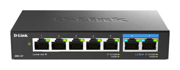 SWITCH D-Link unmanaged 7 porturi, 5 porturi Gigabit, 2 porturi 2.5 Gigabit, carcasa metalica „DMS-107” (timbru verde 1.5 lei)