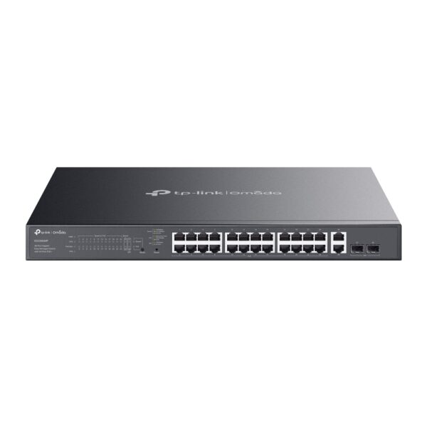 SWITCH TP-Link Easy Managed, Omada 28-Port Gigabit RJ-45 din care 24-Port PoE+, 2xxxx Gigabit SFP, buget POE total 384W, metalic „ES228GMP” (timbru verde 2 lei)