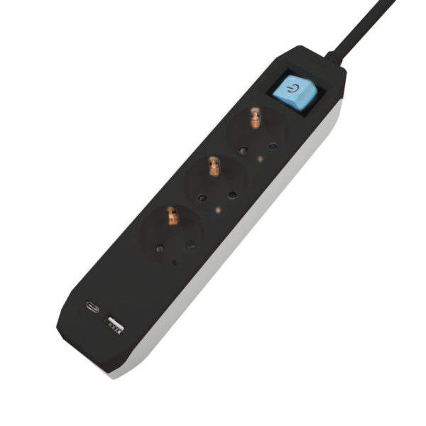 PRELUNGITOR SPACER, Schuko x 3, conectare prin Schuko (T),Type-C x1, USB x 1, 3.1A, cablu 1.8m, 16 A, max. 3500W, protectie copii, Intrerupator, Negru, „PP-3-18B-TC-USB” (timbru verde 0.18 lei)