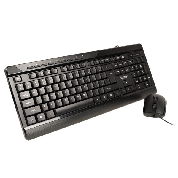 KIT wired SPACER, tastatura cu fir multimedia 104 taste (+ 9 taste multimedia) + mouse rezolutie max.1600dpi, 4 butoane, rotita scroll, black „SPOK-WD-02” (timbru verde 0.8 lei)