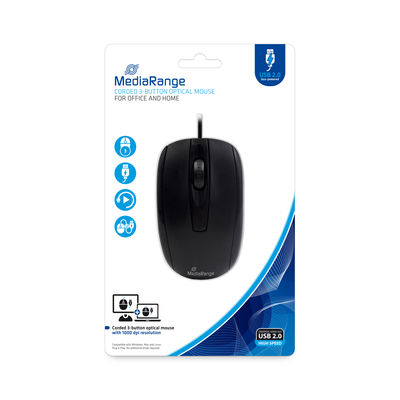 MediaRange Corded 3-button optical mouse, black „MROS211” (timbru verde 0.18 lei)