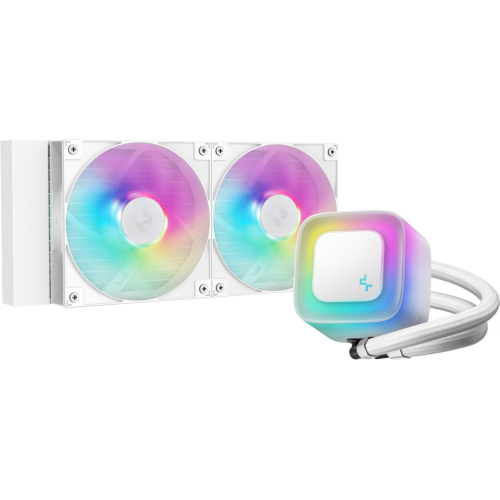 COOLER DeepCool „LE240 V2 Wh”, skt. LGA1851, LGA 1700, AM4, AM5, racire cu lichid, 2 x 120mm, 500 – 2100 RPM, RGB adresabil, alb „R-LE240-WHAMMN-G-2” (timbru verde 2.00 lei)