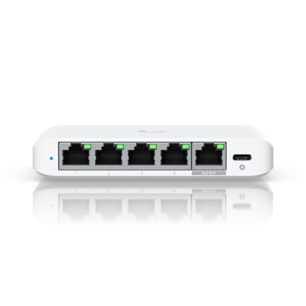 Ubiquiti 5-port 2.5G switch that can be powered with PoE or a USB-C adapter; 4x 2.5 GbE ports, 2.5 GbE PoE input port for power „USW-FLEX-2.5G-5-EU” (timbru verde 2 lei)