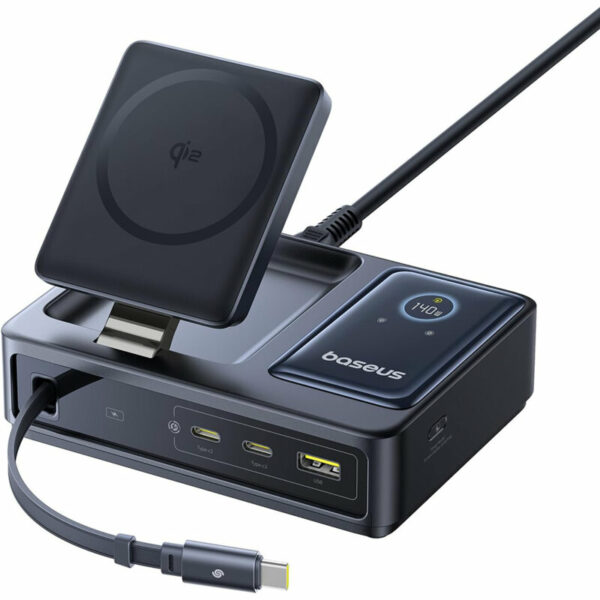INCARCATOR retea Baseus NOMOS 5-in-1 Desktop Charger, Quick Charge 140W, incarcare wireless 15W max. Qi2, 3 x USB Type-C, 1 x USB, negru „P10170902123-00” (timbru verde 0.18 lei) – 6932172673406