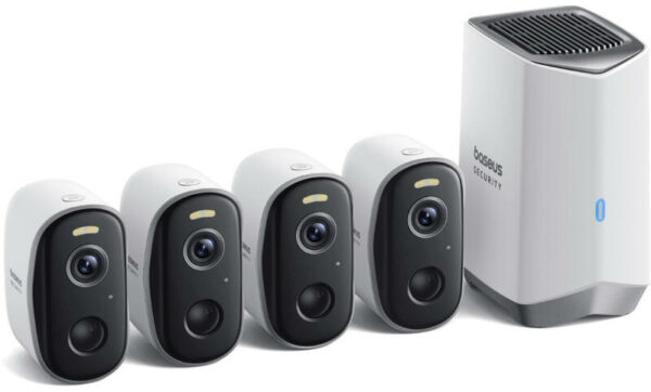 CAMERA IP Exterior Baseus N1 Plus, KIT 4 camere 2K + statie, 2304 x 1296, acumulator integrat, unghi pana la 145 grade, IP67, dist. IR 30 m, tip lentila fixa 3 mm, 3 Mpx, wireless, slot SD card, „S0TY012131” (timbru verde 0.8 lei) – 6932172671655