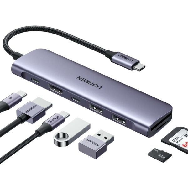DOCKING Station Ugreen, „CM195” conectare PC USB Type-C, USB 3.0 x 2|HDMI x 1/4K/30Hz|Card reader x 1|USB Type C x 1 PD 100W, aluminiu, gri „15214” (timbru verde 0.8 lei)