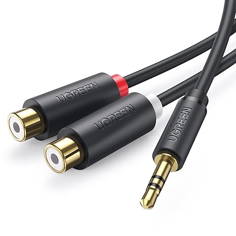 CABLU audio Ugreen, „AV109” 2 x RCA (M) la 1 x jack 3.5mm (T), 0.25cm, conectori auriti, gri „10547” (timbru verde 0.18 lei) – 6957303815470