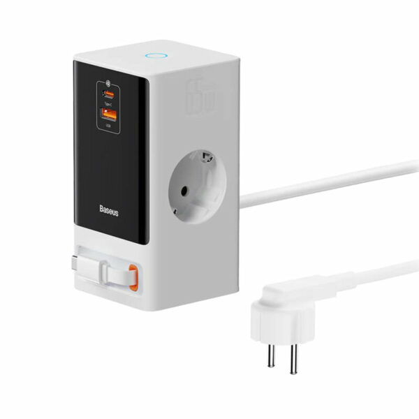 INCARCATOR RETEA Baseus PowerCombo Powerstrip, QC 65W, 2xAC, 1 x cablu integrat retractabil USB Type-C Output 5V/3A, 1xUSB, 1.5m, alb „PSLR000602” (timbru verde 0.18 lei) – 6932172628604