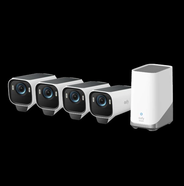 Sistem supraveghere 4+1 Anker „eufyCam S3 Pro”, 4K, Wi-Fi 2.4 GHz, bullet, wireless, 16GB EMMC + 16TB extern, exterior, panou solar, AI, color night vision, , detectie miscare, IP67, , HomeBase S380, „T88943W1” (timbru verde 4 lei) – 0194644298692