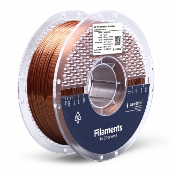 FILAMENT GEMBIRD pt. imprimanta 3d, TPU SILK, 1.75mm diamentru, 1Kg / bobina, aprox. 350m, topire 220-240 grC, cupru, „3DP-STPU1.75-01-CO”