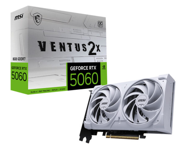 MSI Video Card NVIDIA GeForce RTX 5060 8G VENTUS 2X OC WHITE, 8GB GDDR7,128-bit, PCIe 5.0(x8), 3xDP, HDMI, RAY TRACING, Dual Fan, 8-pin PCIe, 3Y „RTX_5060_8G_VENTUS_2X_OC_WHITE” (timbru verde 7 lei)