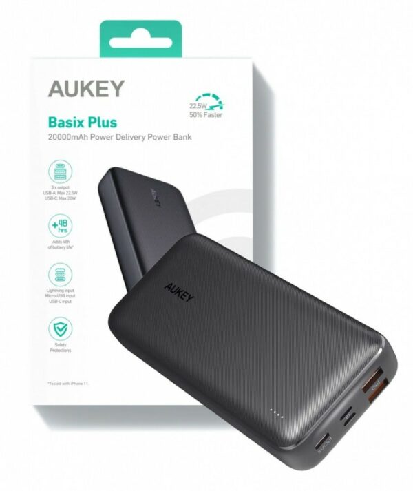 POWER BANK Aukey 20.000 mAh, 18W incarcare rapida 5-in-1, 1 x USB-C, 2 x USB-A, 1 x USB-Lighting, 1 x Micro-USB, 386g, negru, „EU001-LLTSN1018450C” (timbru verde 0.98 lei) – 608119200047