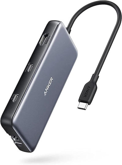 DOCKING Station Anker 555 8-in-1, porturi: 2 x USB-C, 2 x USB-A, HDMI 4K @60Hz, 1 x RJ-45 10 Gbps, PD 85W, conectare prin USB-C, gri, „A83830A2” (timbru verde 0.18 lei – 194644081416