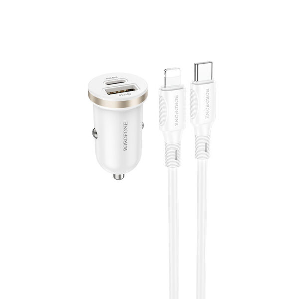 INCARCATOR auto Borofone „BZ22”, pt. bricheta auto, 1 x USB max.18W, 1 x USB Type-C max 30W, putere totala 30W, include cablu USB Type-C la Iphone Lightning de 1m, alb „6941991105210” (timbru verde 0.18 lei)