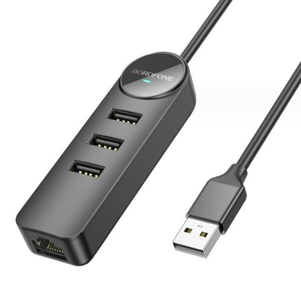 HUB extern Borofone „DH6”, porturi USB: USB 2.0 x 3, RJ-45 x 1, conectare prin USB 2.0, lungime 120cm, negru „6941991104275” (timbru verde 0.8 lei)