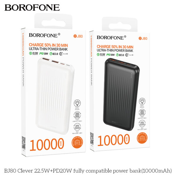 POWER BANK Borofone „BJ80”, 10000mAh, 22.5W, 2 x USB; 1 x USB Type-C, 1 x Micro USB, total 5V/2A, negru „6941991121593” (timbru verde 0.98 lei)