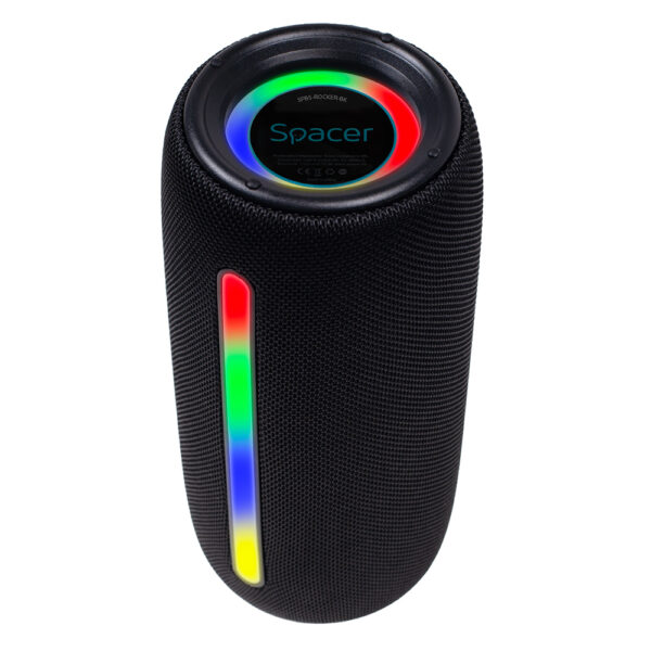 BOXA SPACER portabila bluetooth, ROCKER-BK, RMS: 10W (5W x 2), RGB, acumulator 1800mAh, timp de functionare pana la 5 ore, pana la 10m, AUX, FM radio, microSD, USB, incarcare USB Type-C, BLACK, „SPBS-ROCKER-BK” (timbru verde 0.18 lei)